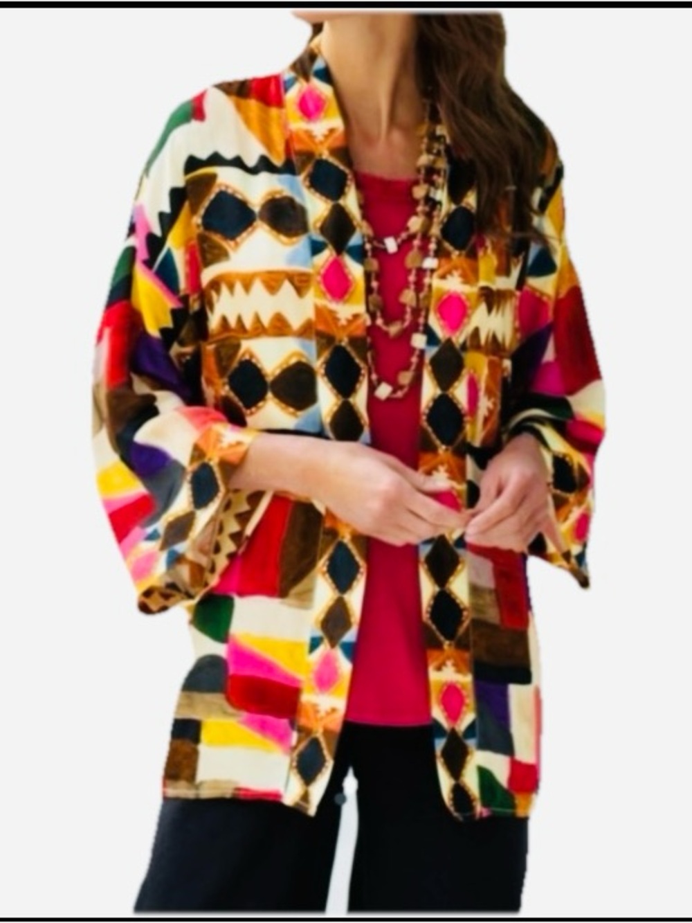 Soft Surroundings Multicolor Geometric Open-Front Kimono